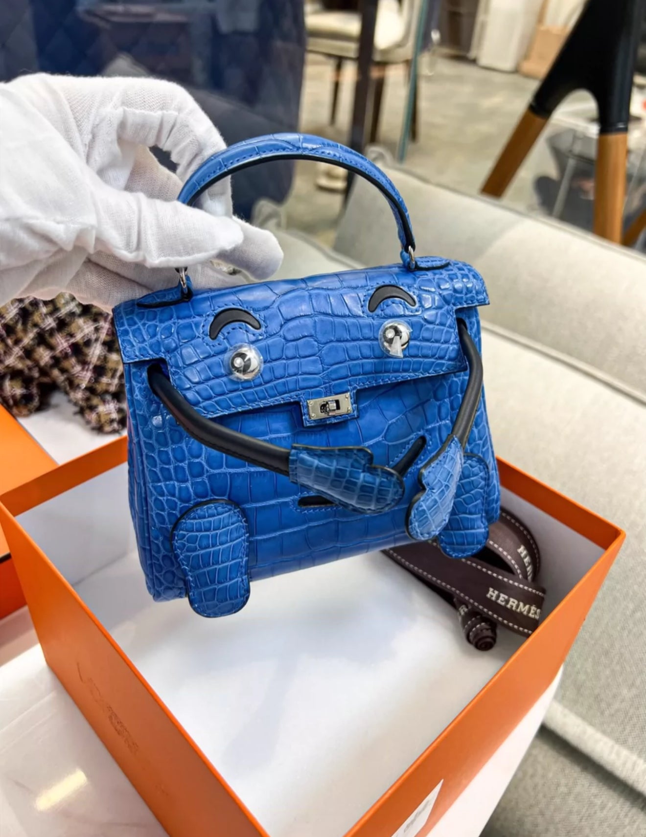 Hermes Kelly Doll Bleu Electric Matte Alligator  Black Swift Leather Palladium Hardware