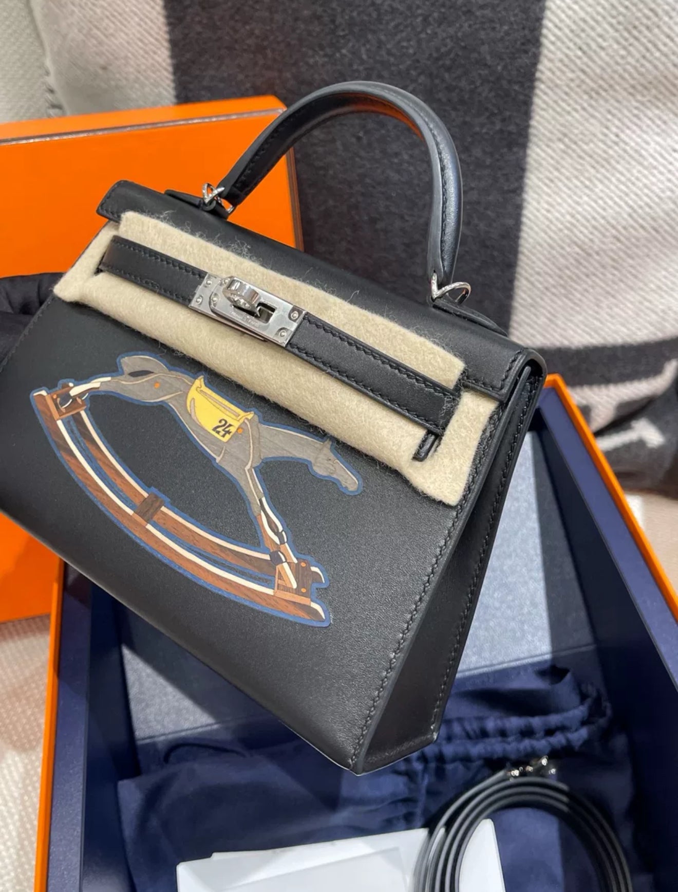 Hermès Mini Kelly Cheval De Bois Noir / Black Tadelakt Palladium Hardware