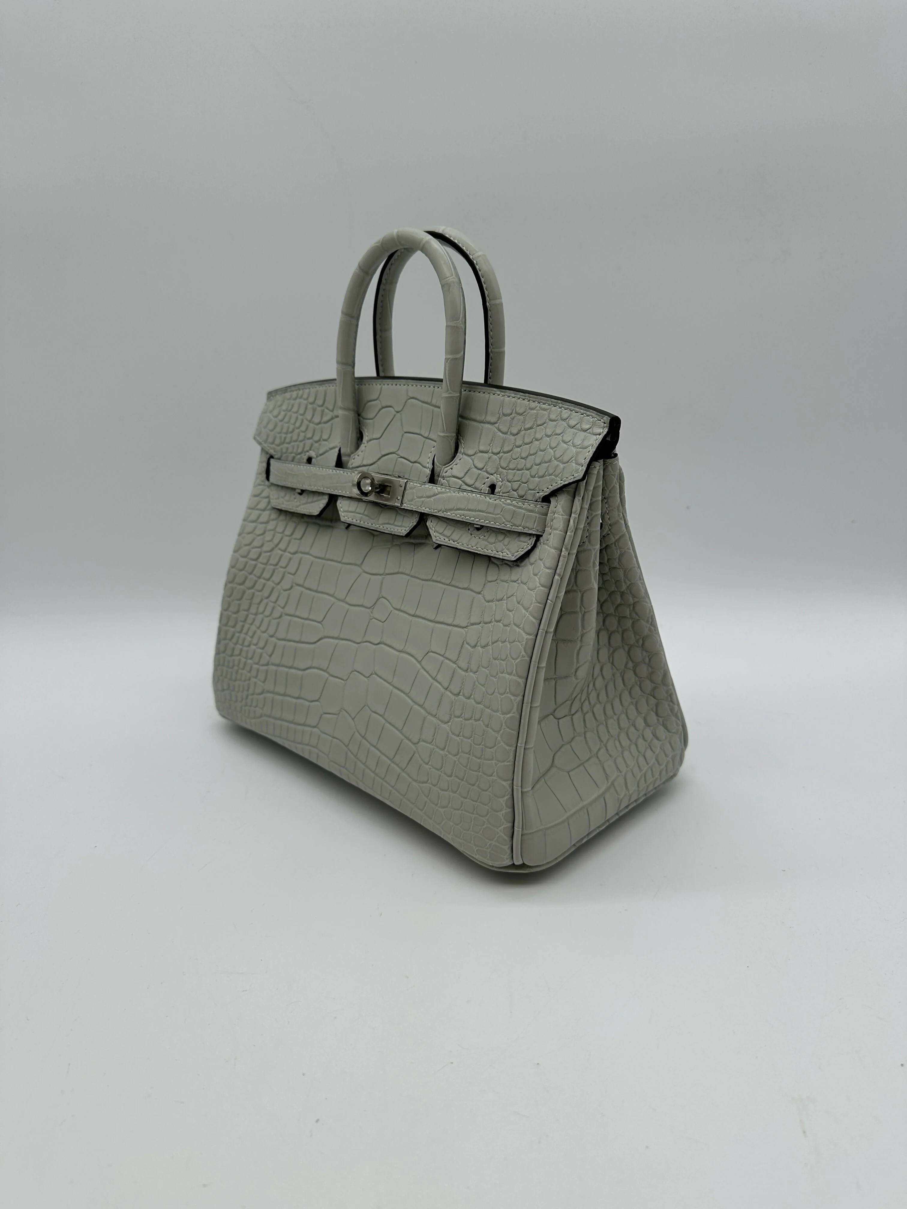 Hermès Birkin 25 Matte Alligator Gris Neve PHW W 2025