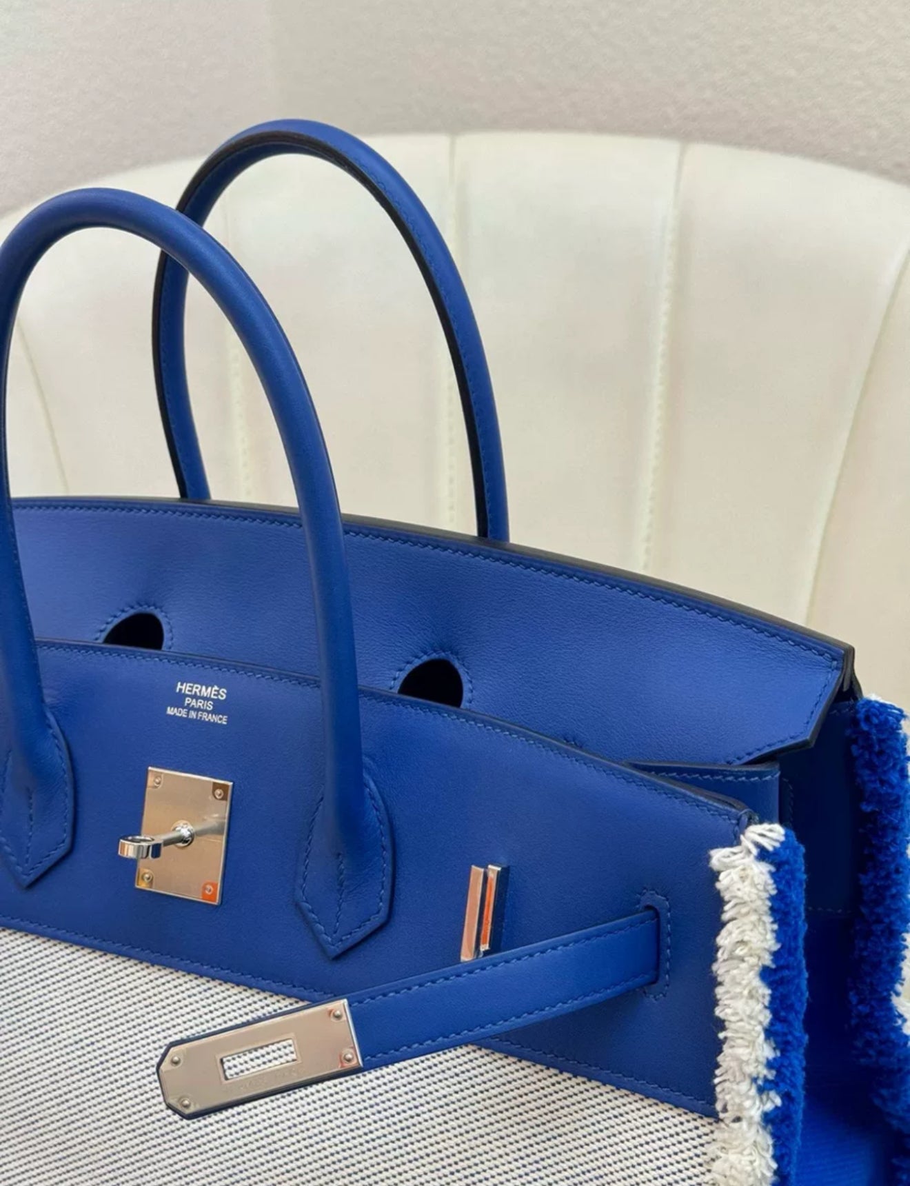 Hermès Birkin Fray Fray 35 Ecru Toile Bleu Saphir Swift Palladium Hardware