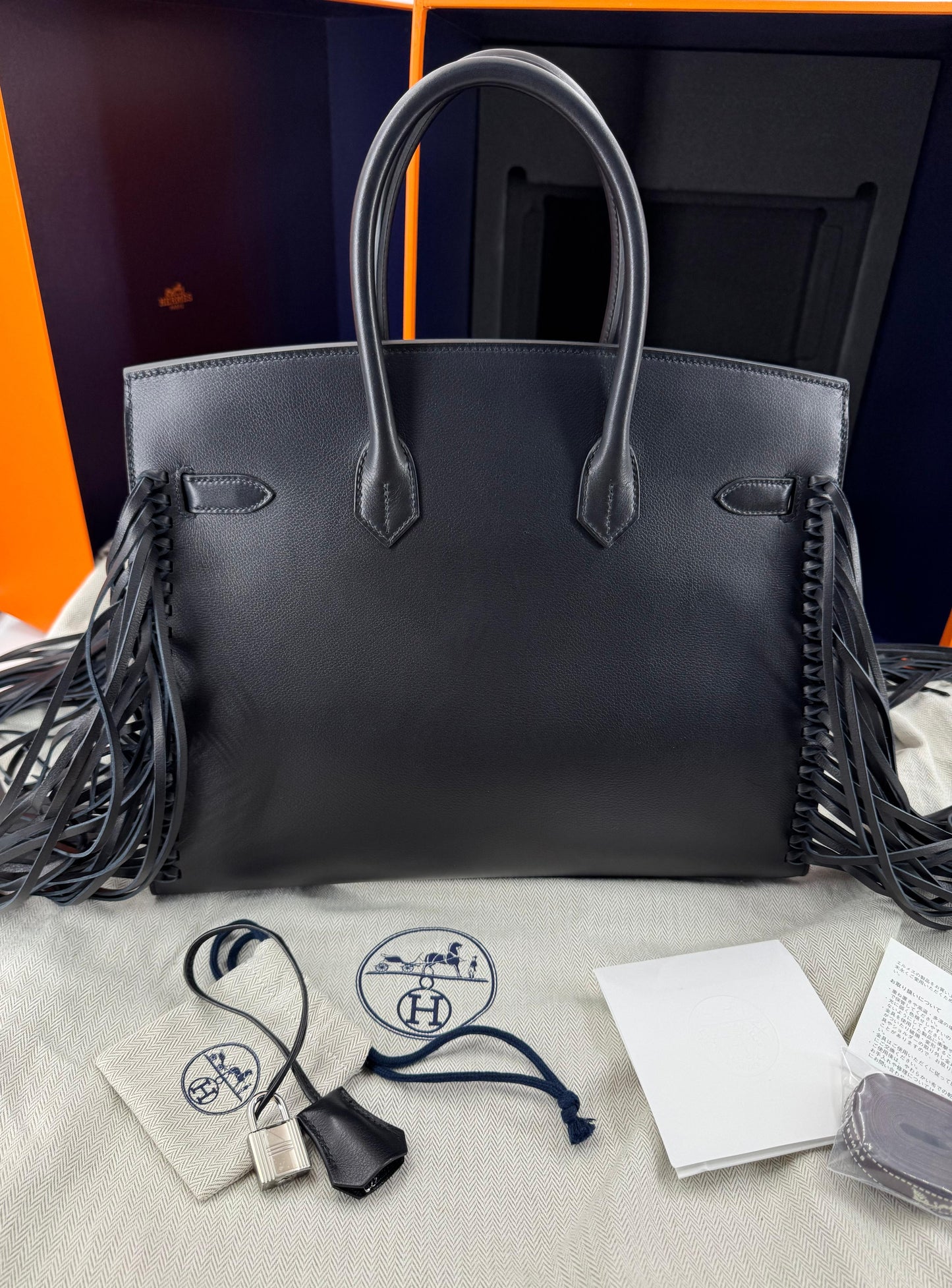 Hermès Birkin 35 Sellier Black Anate Fringe Evercolor leather Palladium Hardware