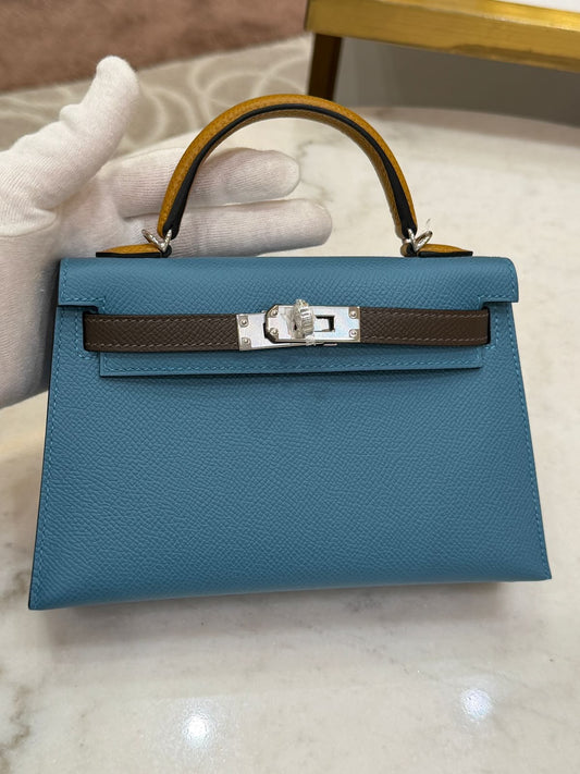 Hermes Mini Kelly 20 Tricolor Blue Jean / Ecorce / Sesame Epsom Palladium hardware