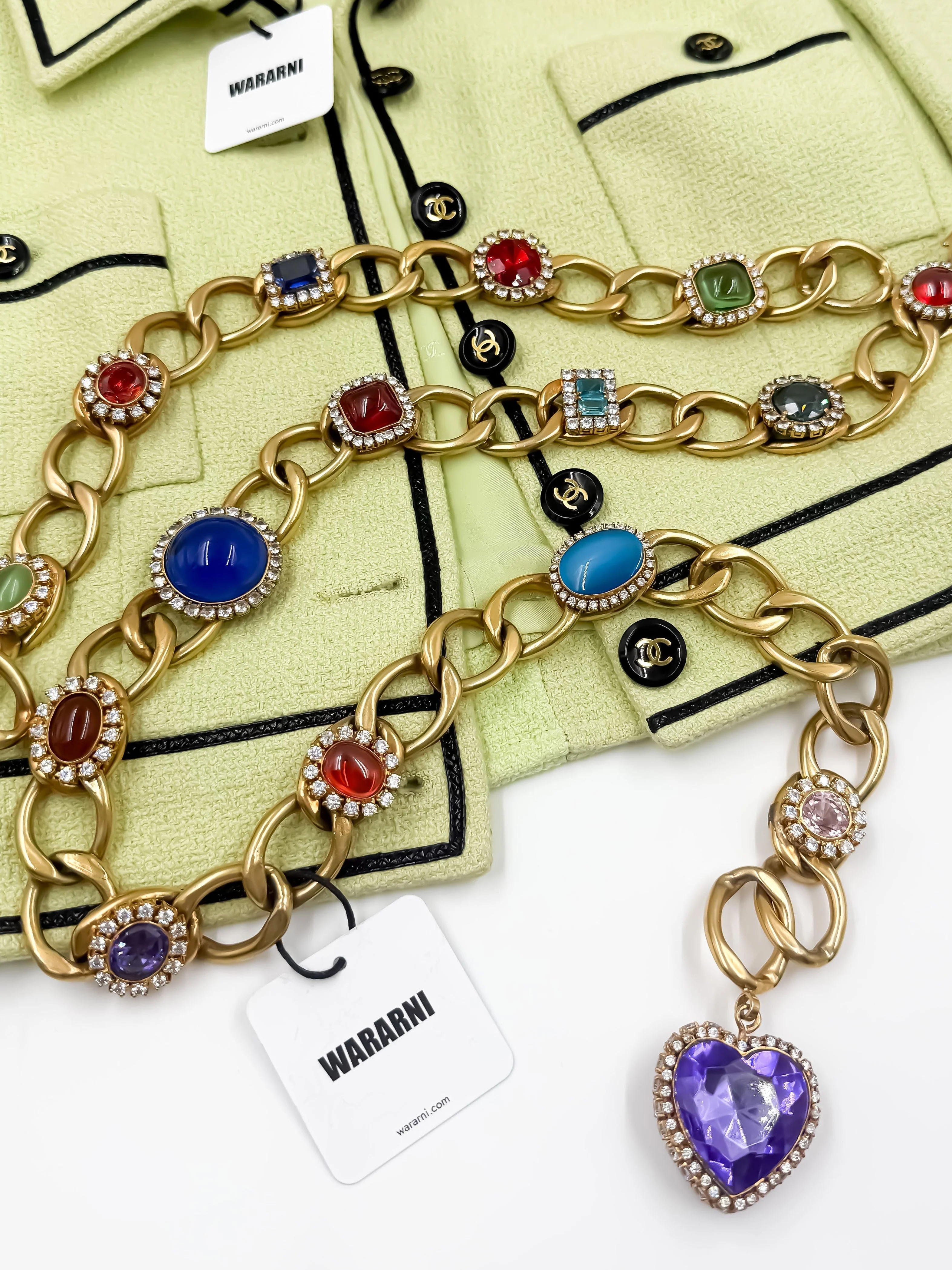 Chanel 1995 Spring/Summer Barbie Collection Vintage Chunky Chain Multicolor Gripoix Belt with Heart Pendant