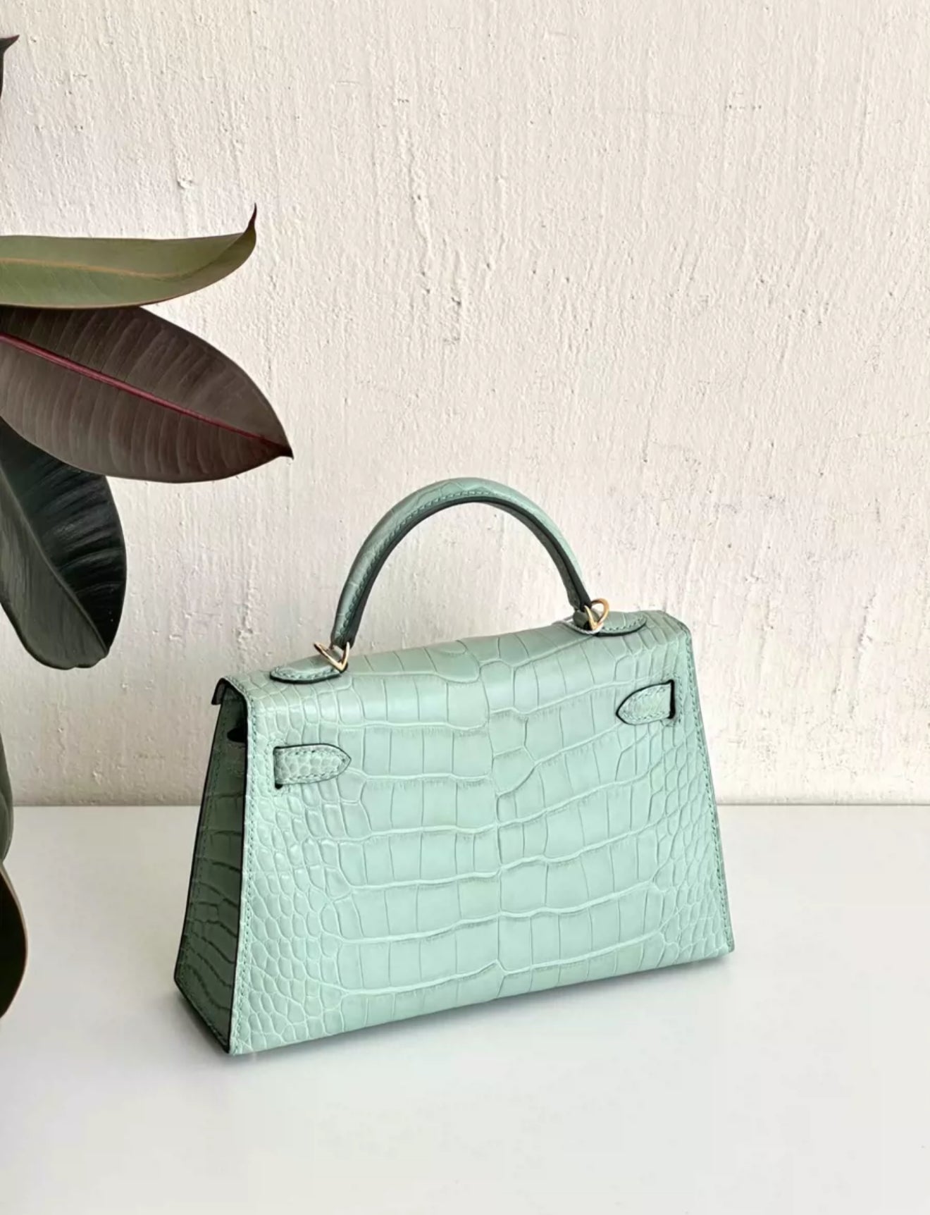 HERMES MINI KELLY VERT D’EAU MATTE CROCODILE LEATHER GOLD HARDWARE