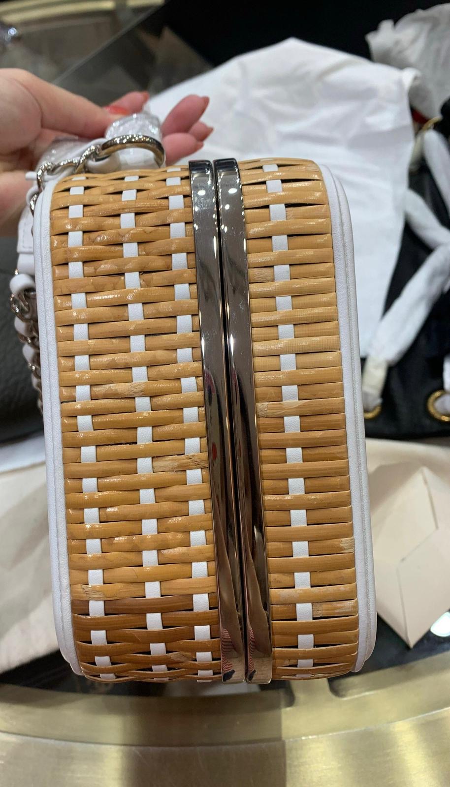 Chanel Vanity Case Beige  White, Rattan, Patent Calfskin  Silver-Tone Metal