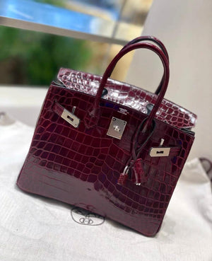 Hermes Birkin 30 Bordeaux Shiny Crocodile Leather Palladium Hardware