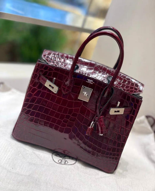 Hermes Birkin 30 Bordeaux Shiny Crocodile Leather Palladium Hardware