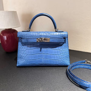 Hermes Mini Kelly 20 Blue Mykonos Matte alligator palladium hardware