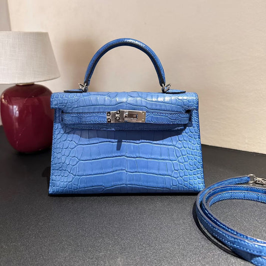 Hermes Mini Kelly 20 Blue Mykonos Matte alligator palladium hardware