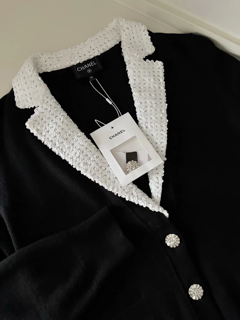 Chanel 23C White Sequined Collar Black Wool Cardigan