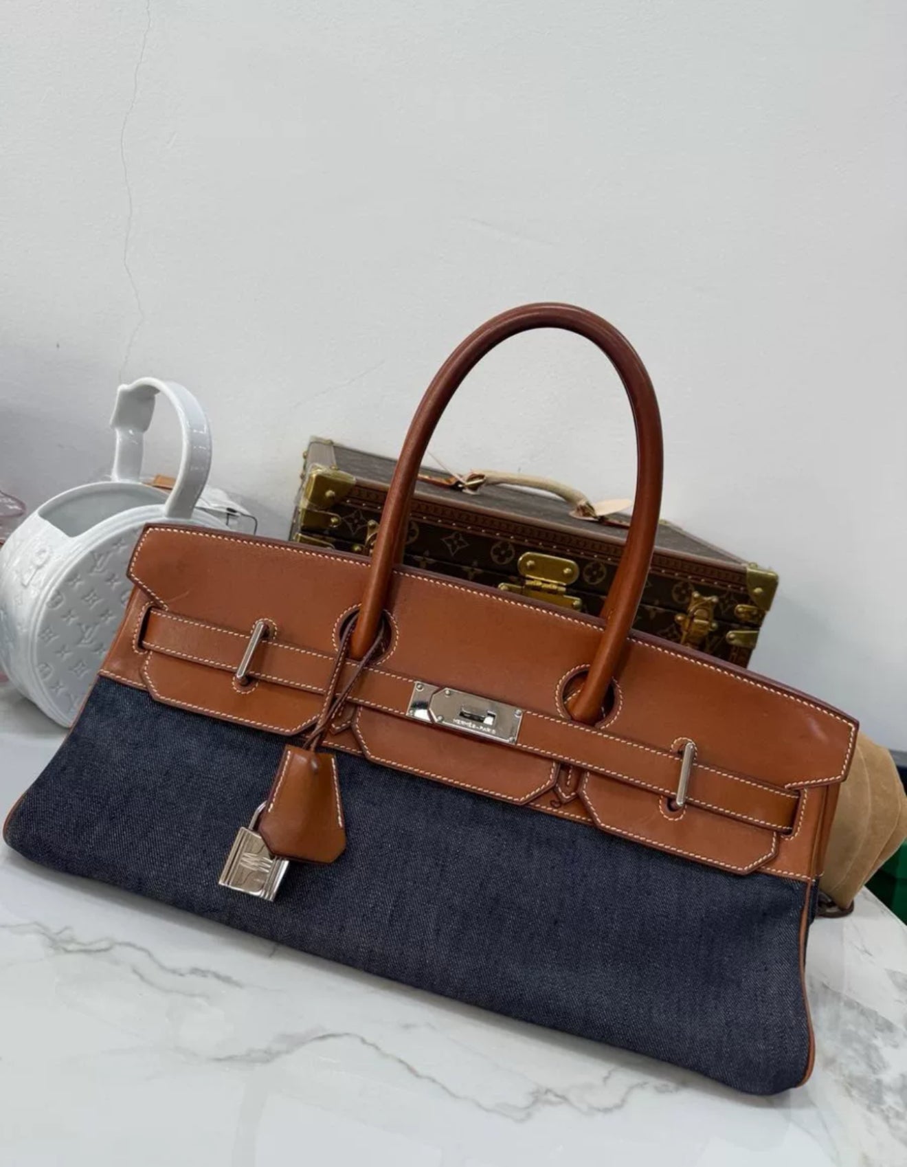Hermes Shoulder Birkin Saddle leather and denim palladium hardware