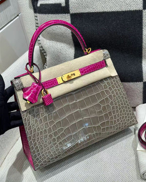 Hermes Kelly 28 HSS Gris T shiny alligator x rose Scheherazade brushed gold hardware