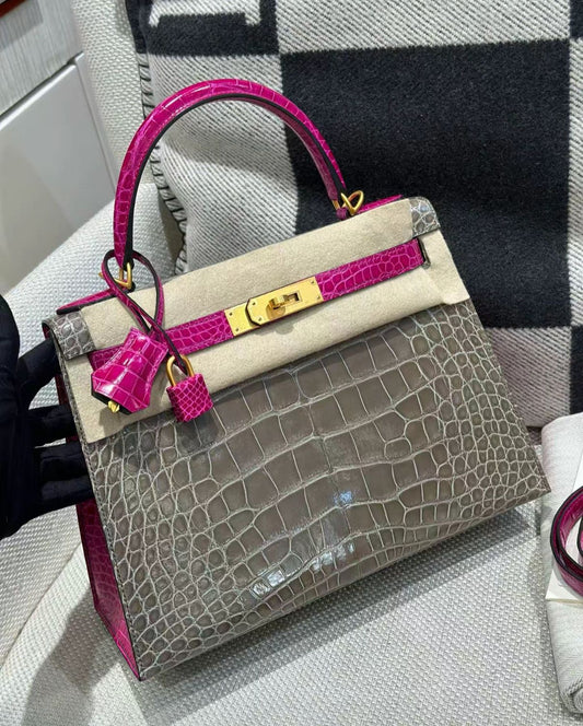 Hermes Kelly 28 HSS Gris T shiny alligator x rose Scheherazade brushed gold hardware