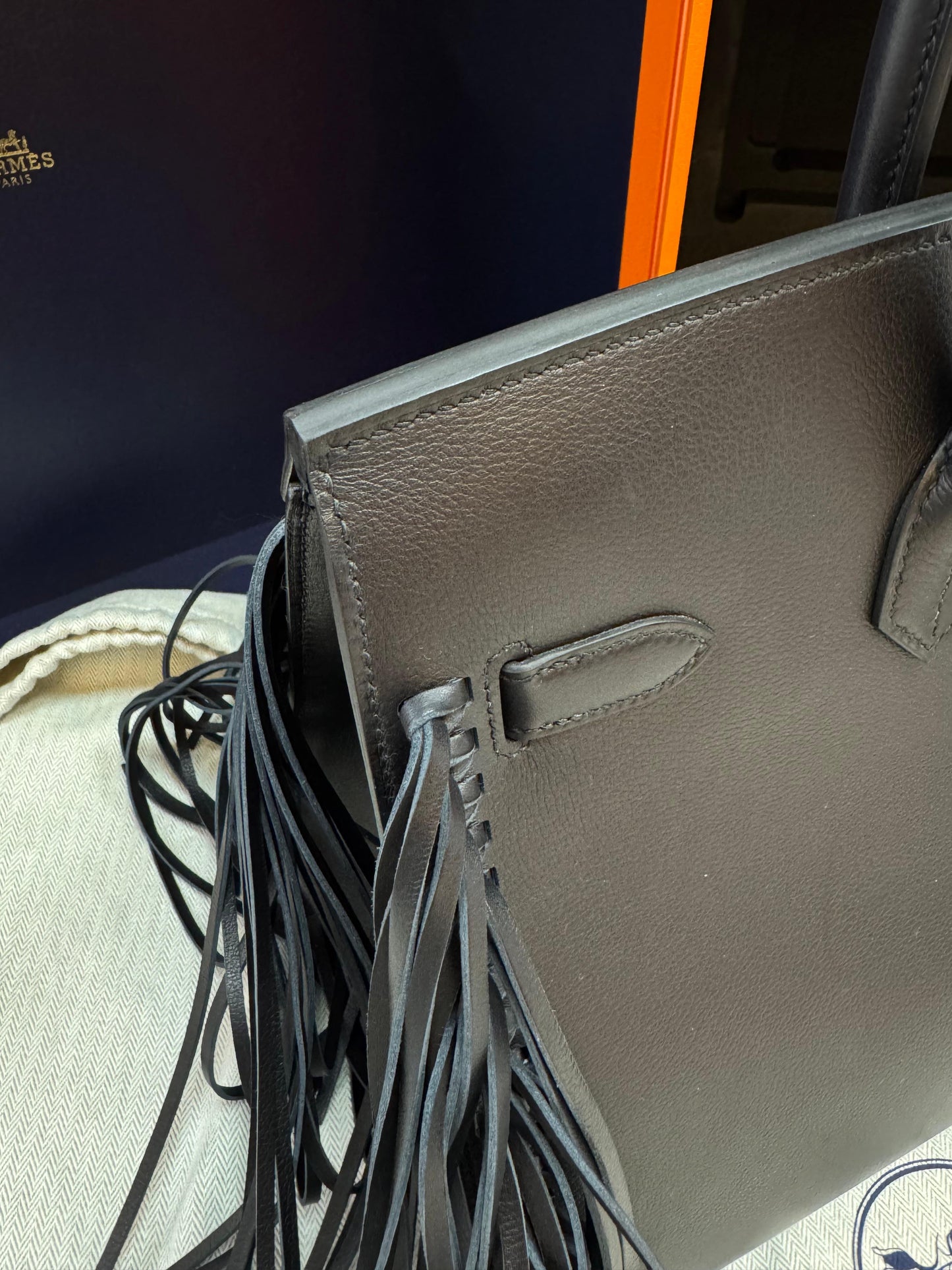 Hermès Birkin 35 Sellier Black Anate Fringe Evercolor leather Palladium Hardware