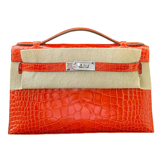 Hermès Kelly pochette Poppy Shiny Alligator Palladium hardware