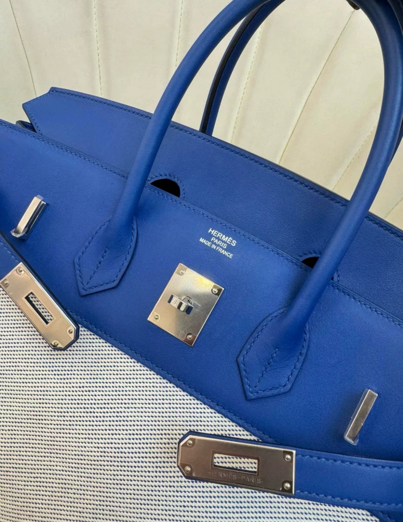 Hermès Birkin Fray Fray 35 Ecru Toile Bleu Saphir Swift Palladium Hardware