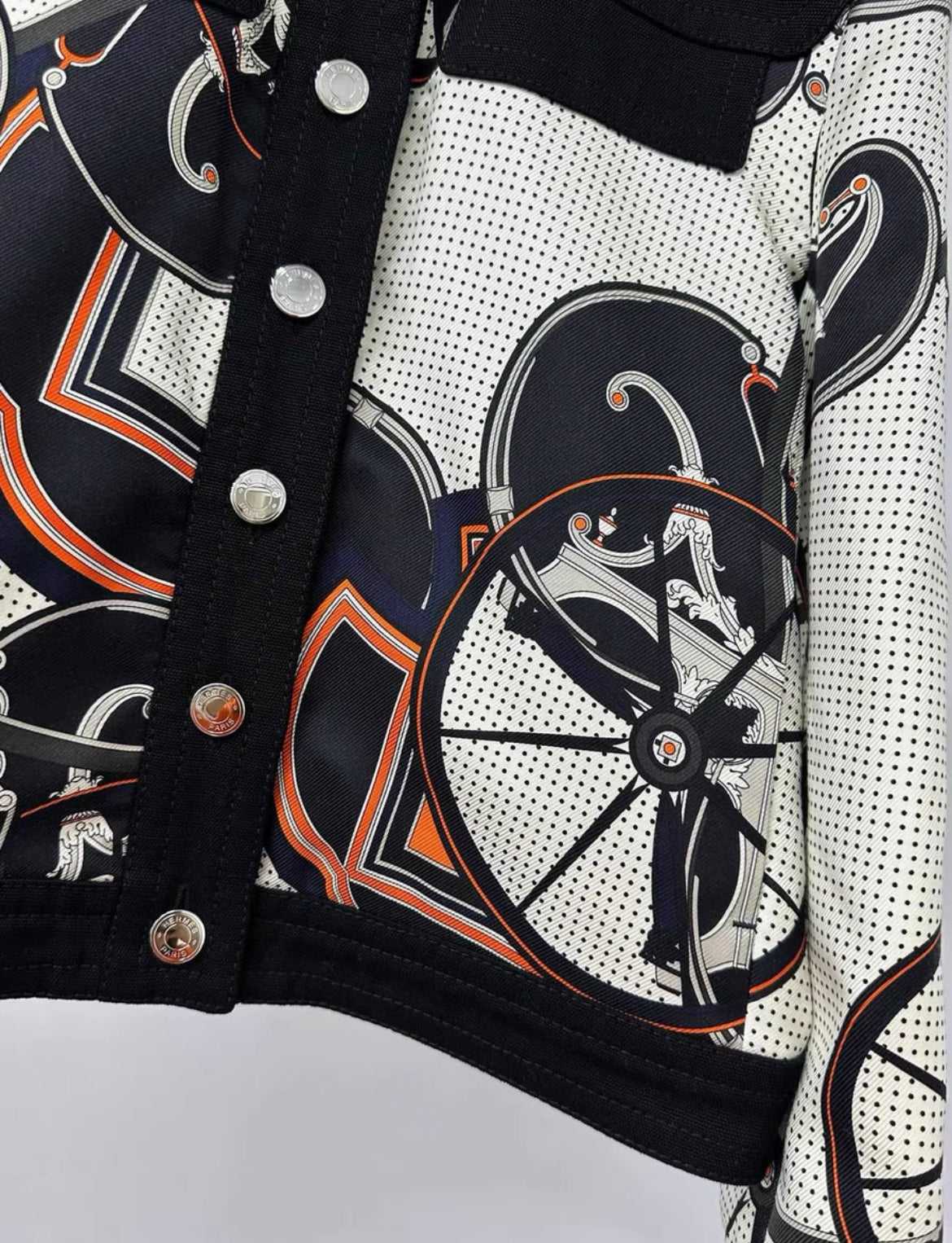 Hermes Black  White "Outdoor" Printed Silk Short Jacket size 36