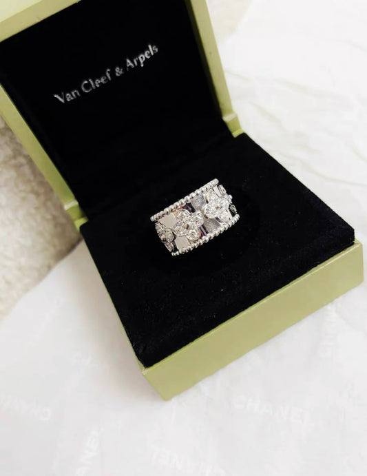 Van Cleef  Arpels Perlee Clovers Ring Model 18k White Gold Diamonds size 52