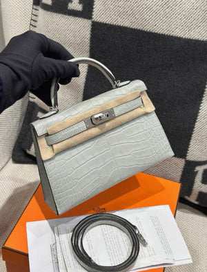 Hermes mini Kelly 20 Gris Neve Matte Crocodile Leather Palladium hardware