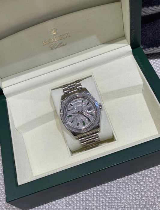 Rolex Day-Date 218399T 18k White gold  pave diamond with green enamel