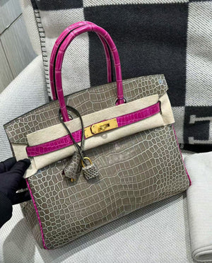 Hermes Birkin30 HSS Gris T shiny porosus x rose Scheherazade brushed gold hardware