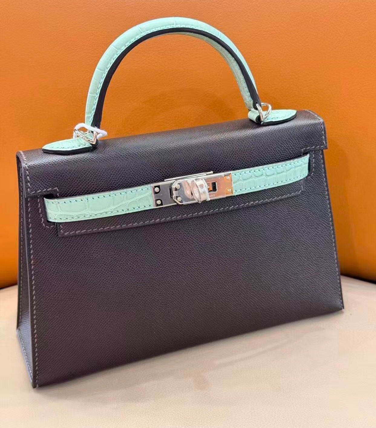 Hermes Mini Kelly 20 Touch Vert d’Eau Matte Alligator  Bai Brun Madame leather Palladium hardware