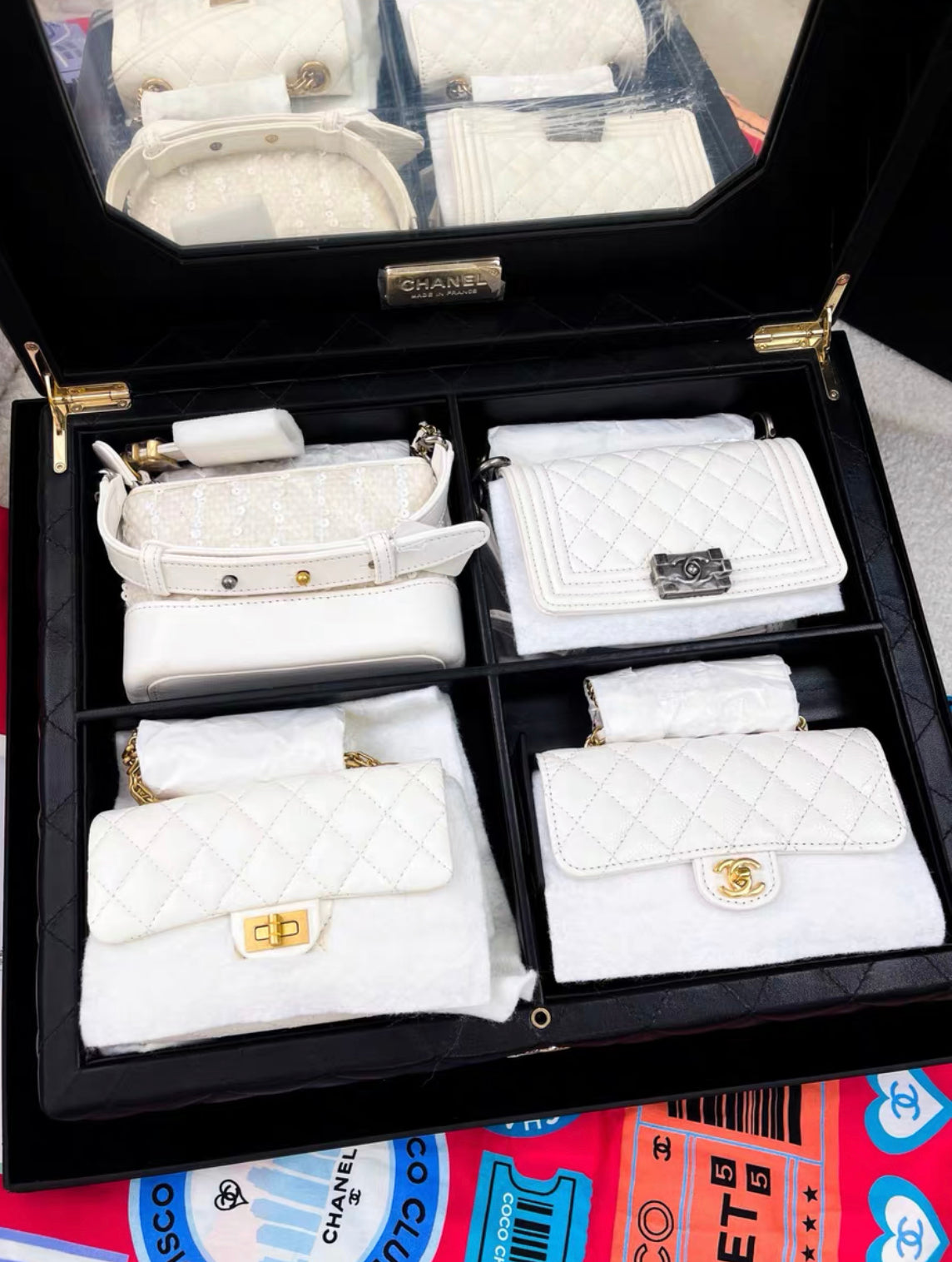 Limited Edition Chanel Set Of 4 white Mini Bags with Quilted Trunk