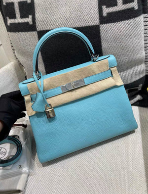 Hermes Kelly 28 Blue Atoll Palladium Hardware