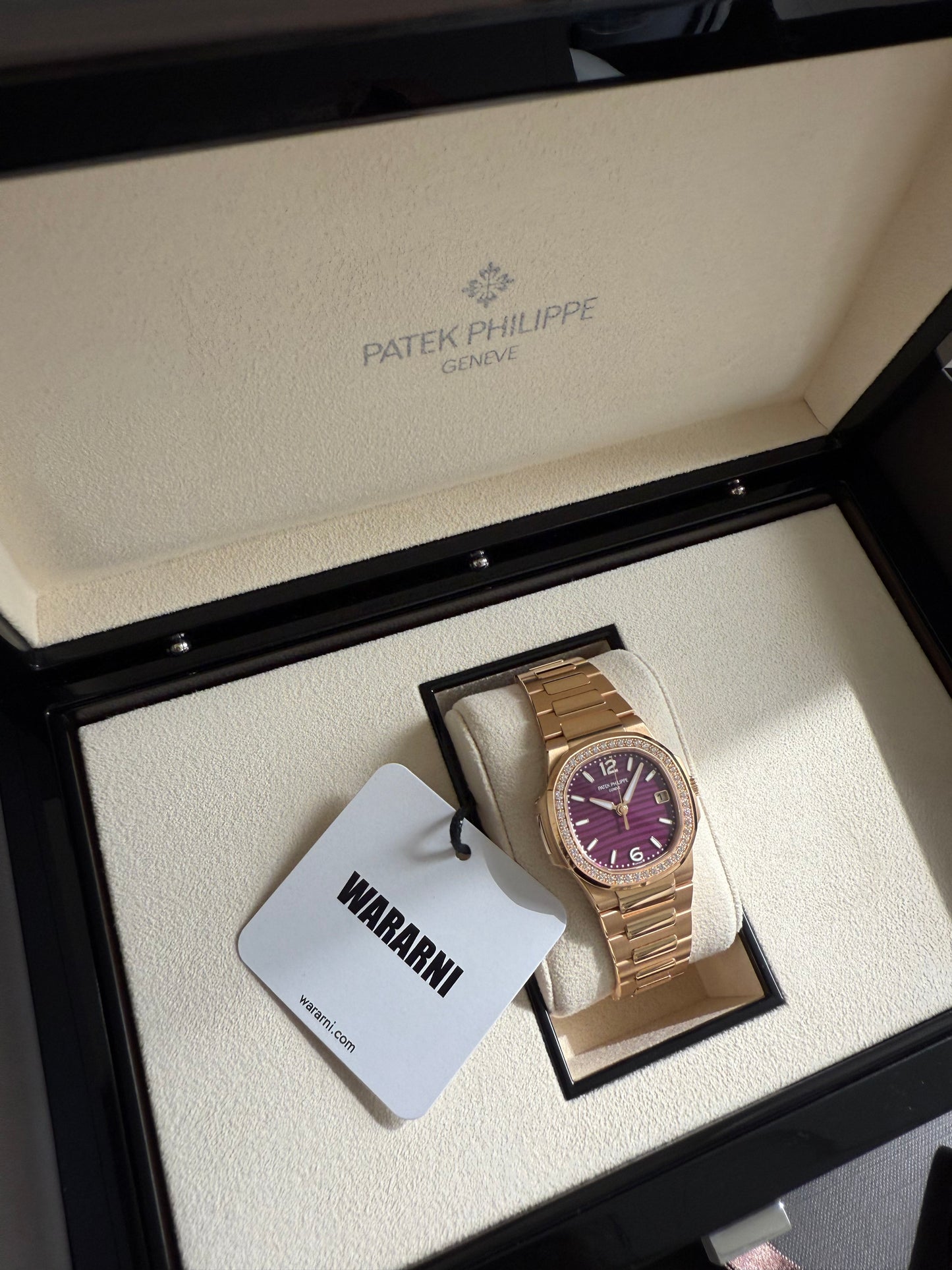 Patek Philippe Nautilus 7010/1R-013 Ladies Quartz Rose Gold Purple Diamond Bezel (2025)