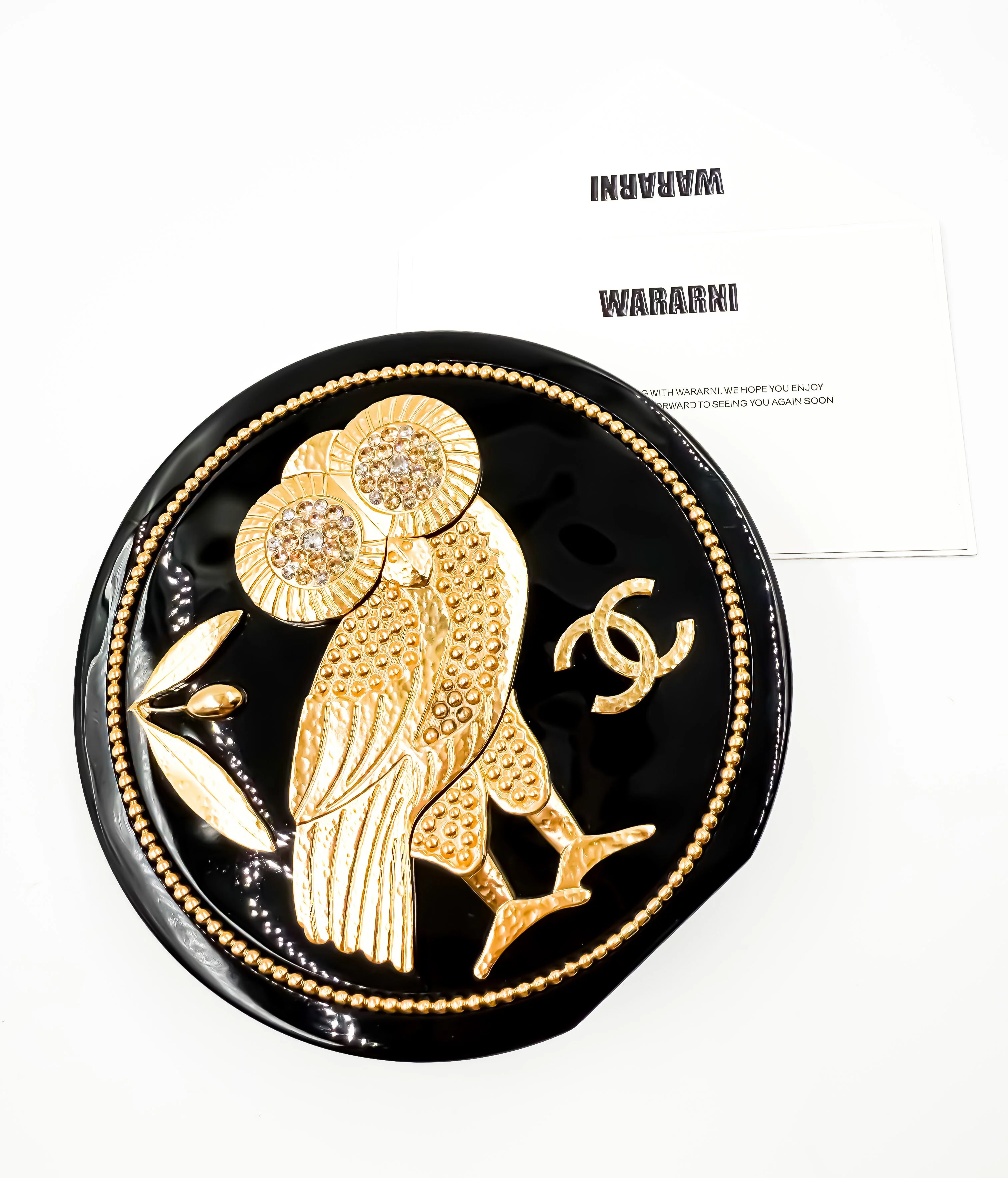 Chanel 18C Black Plexiglass & Gold Owl Gold-Tone Hardware Minaudière