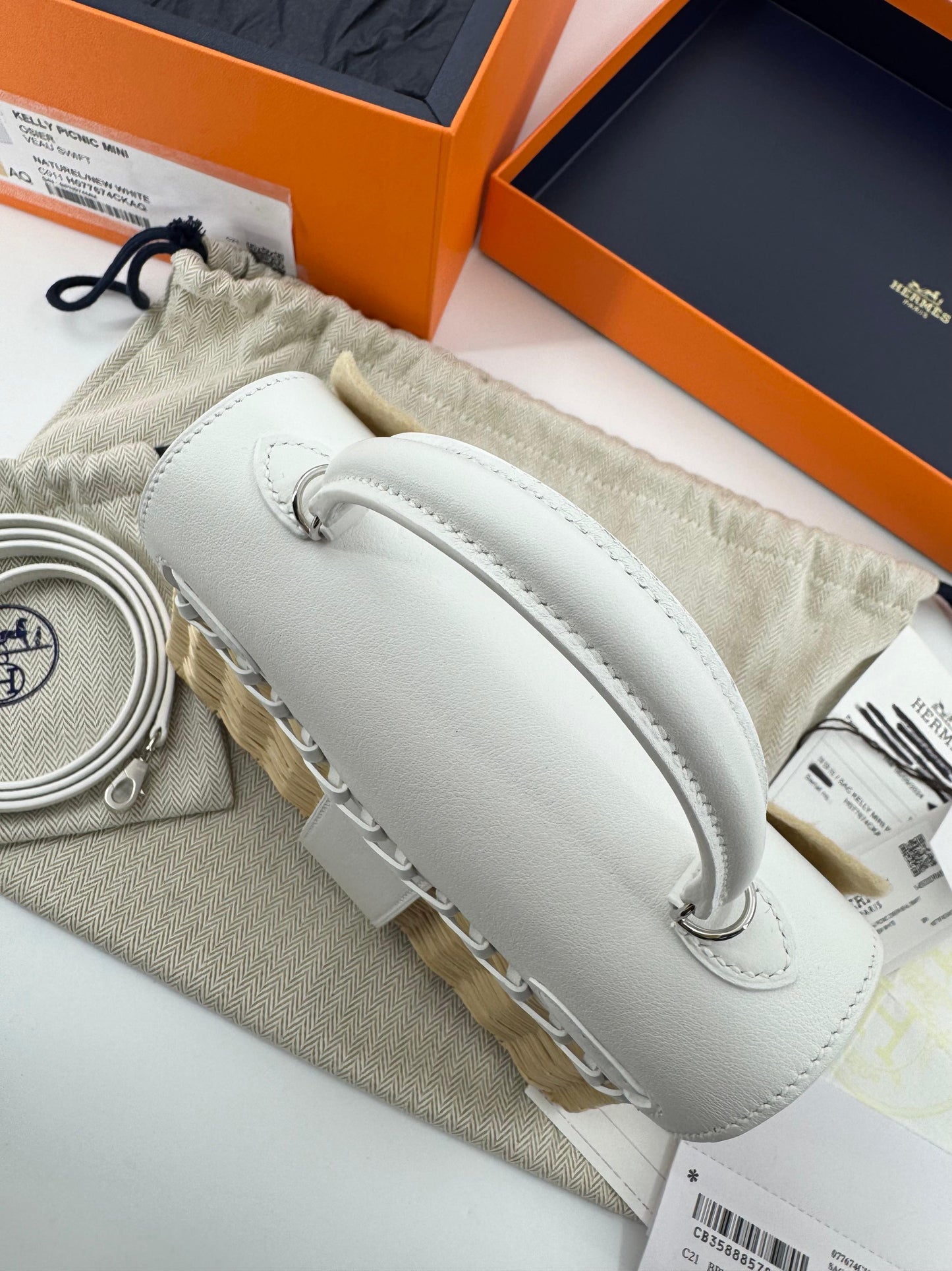 Hermès Mini Kelly 20 “Picnic” White Swift Leather  Palladium Hardware