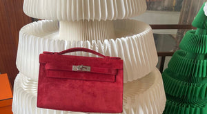 HermèsKelly pochette Doblis Red suede leather palladium hardware