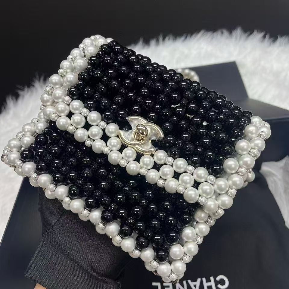 Rare CHANEL 2022 SS BLACK  WHITE FAUX PEARLS LARGE FLAP EVENING BAG WITH GOLD HARDWARE