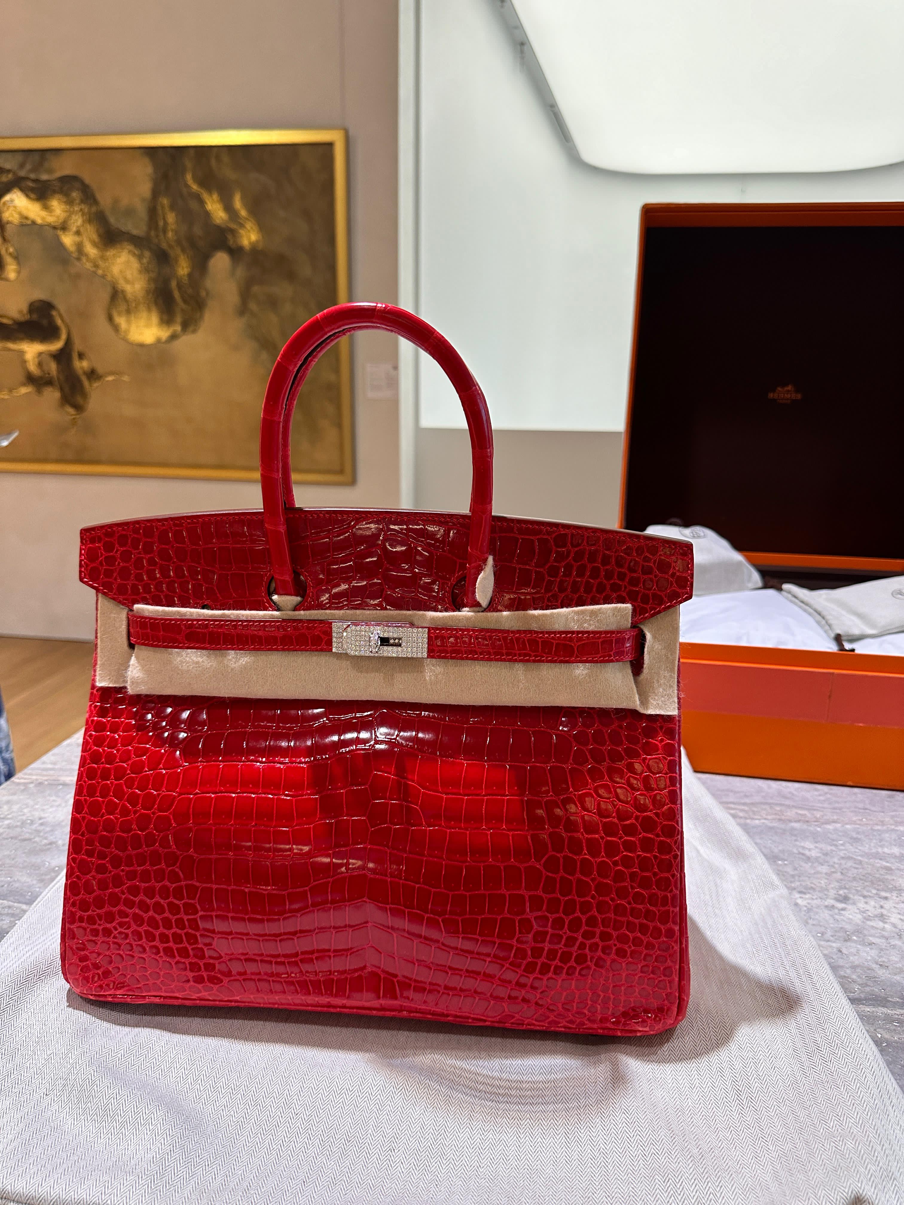 Hermès Birkin 35 Rouge Braise Shiny Porosus Crocodile – 18K White Gold & Diamond Hardware