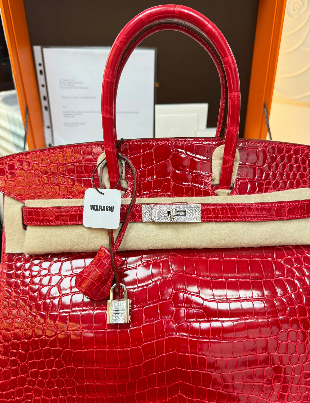 Hermès Birkin 35 Rouge Braise Shiny Porosus Crocodile – 18K White Gold & Diamond Hardware