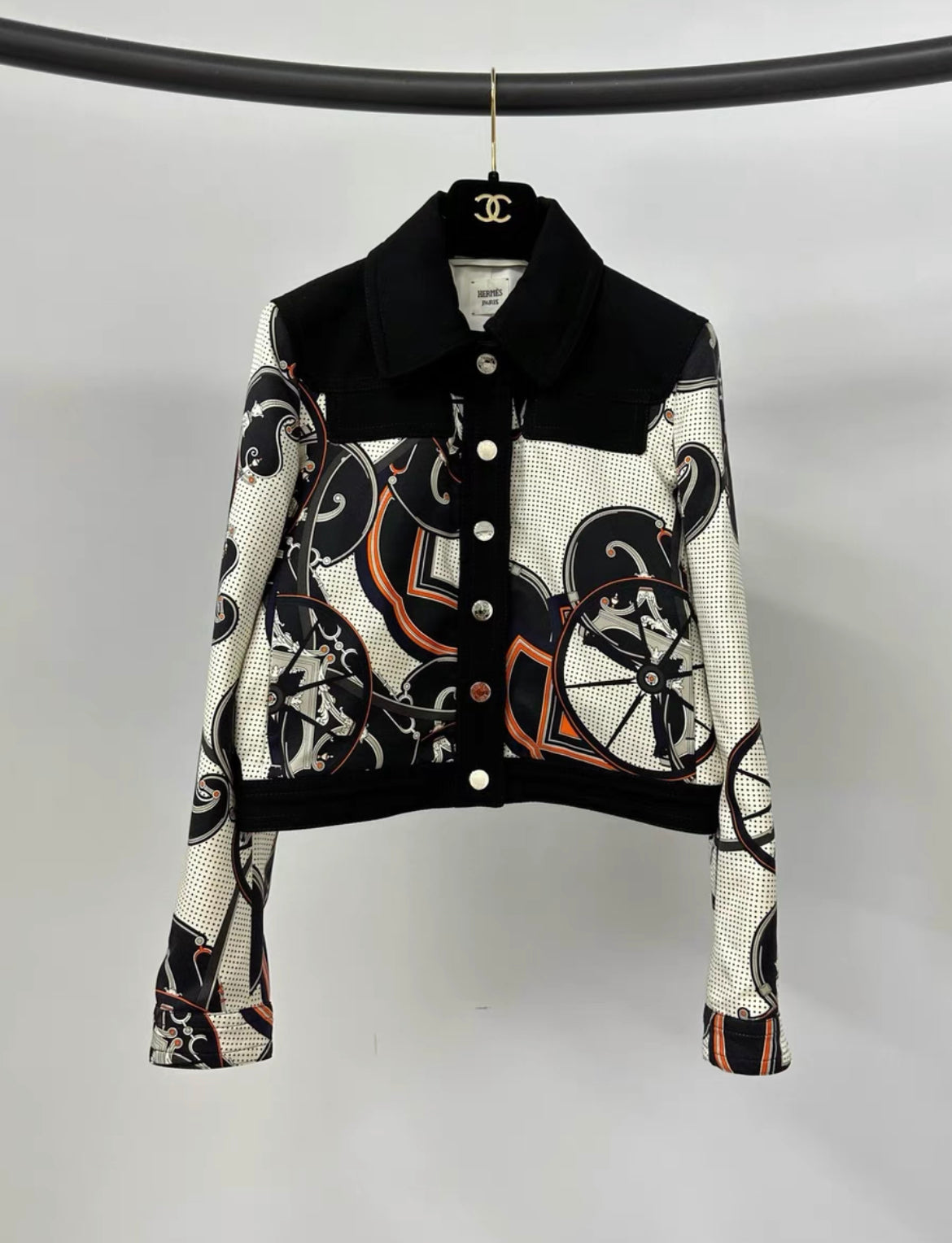 Hermes Black  White "Outdoor" Printed Silk Short Jacket size 36