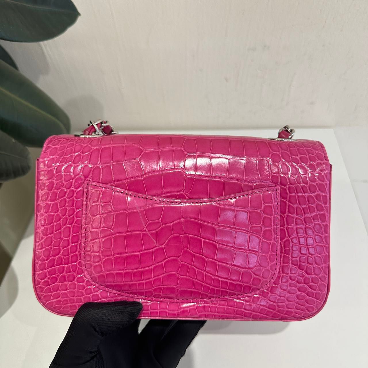 Chanel pink Alligator leather mini flap silver hardware