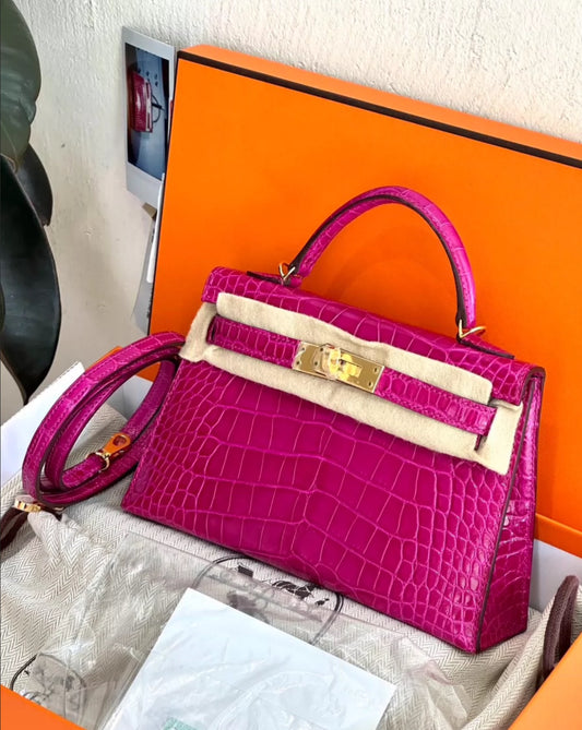 Hermes Mini Kelly 20 Sellier Rose Scheherazade Alligator Gold Hardware