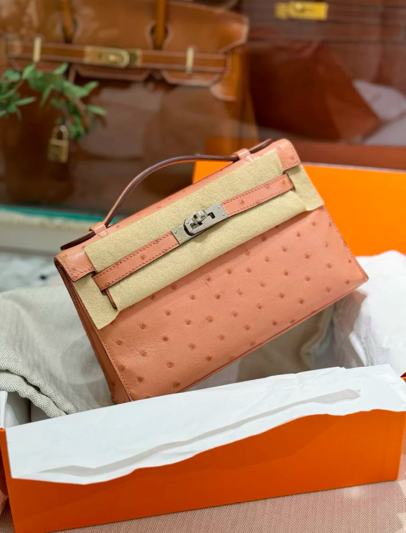 Hermes Kelly Pochette Pink Terre Cuite Ostrich Leather Palladium Hardware
