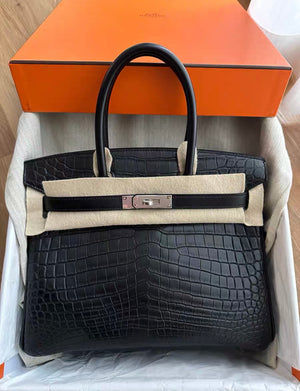 Rare Hermes Birkin 30 Black Matte Crocodile Togo  Box Leather Palladium Handbag