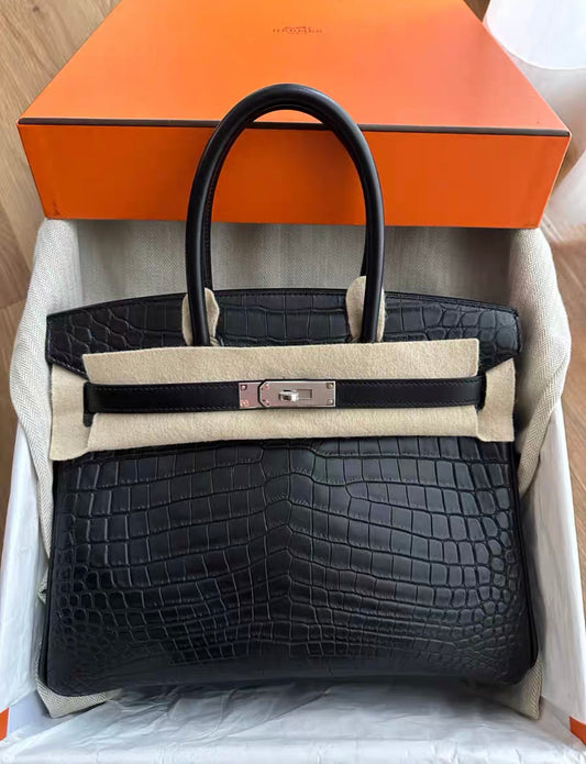 Rare Hermes Birkin 30 Black Matte Crocodile Togo  Box Leather Palladium Handbag