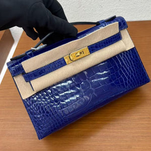 Hermes Kelly Pochette Bleu encre shiny alligator gold hardware