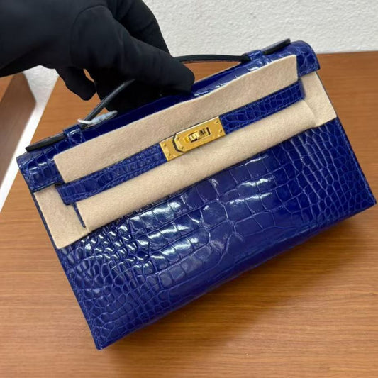 Hermes Kelly Pochette Bleu encre shiny alligator gold hardware