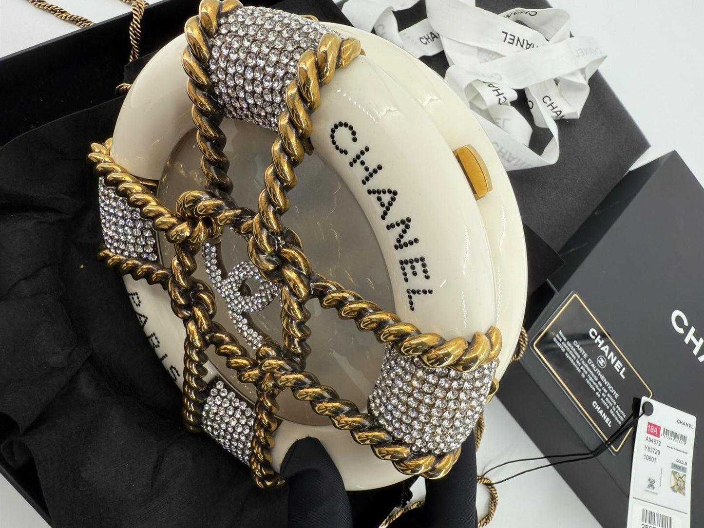 Chanel White Strass and Resin Nautical Wheel Minaudière Bronze Hardware, 2018 Métiers Dart