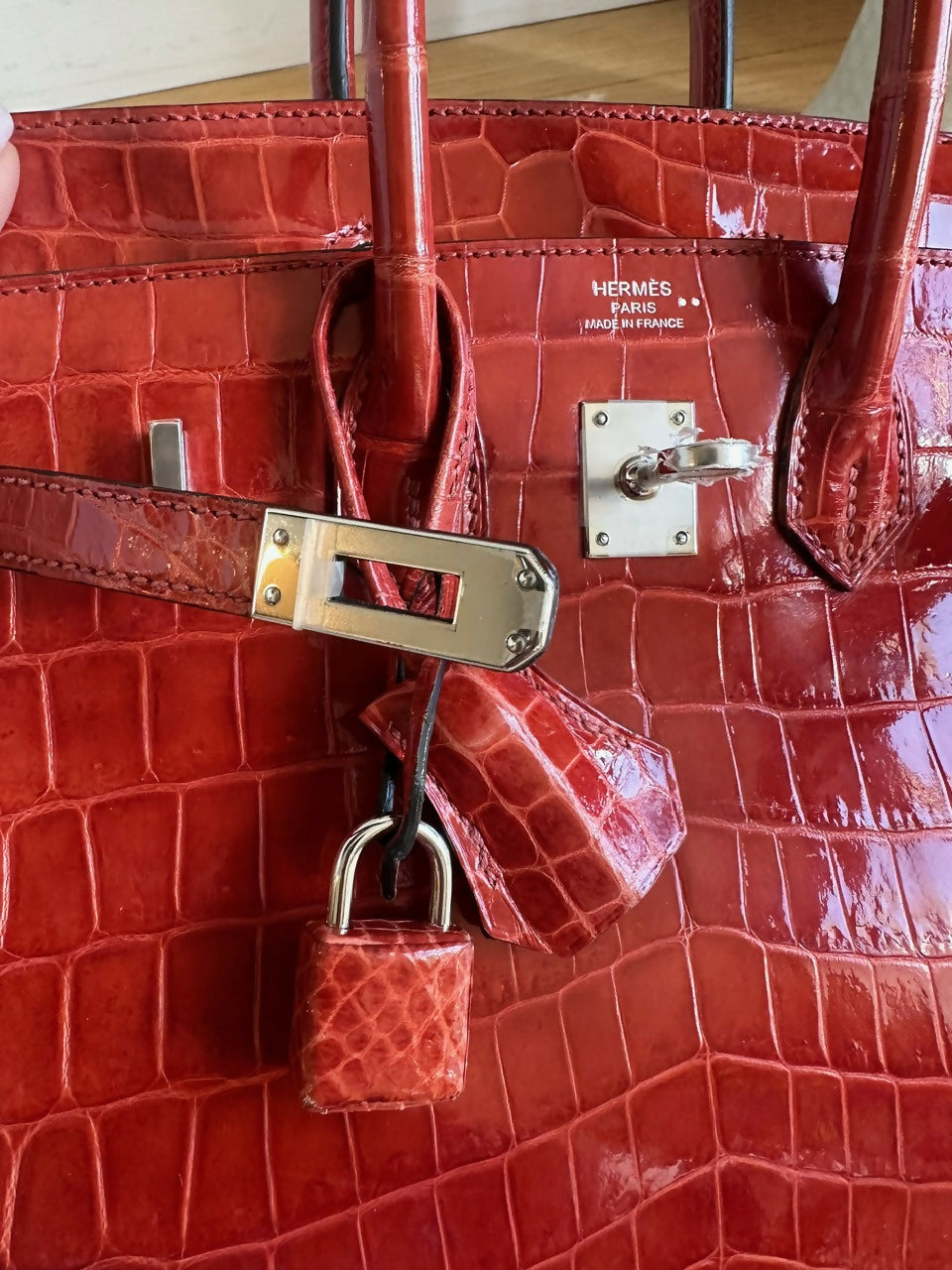 Hermes Birkin 25 Braise Shiny Niloticus Crocodile Leather Palladium Hardware