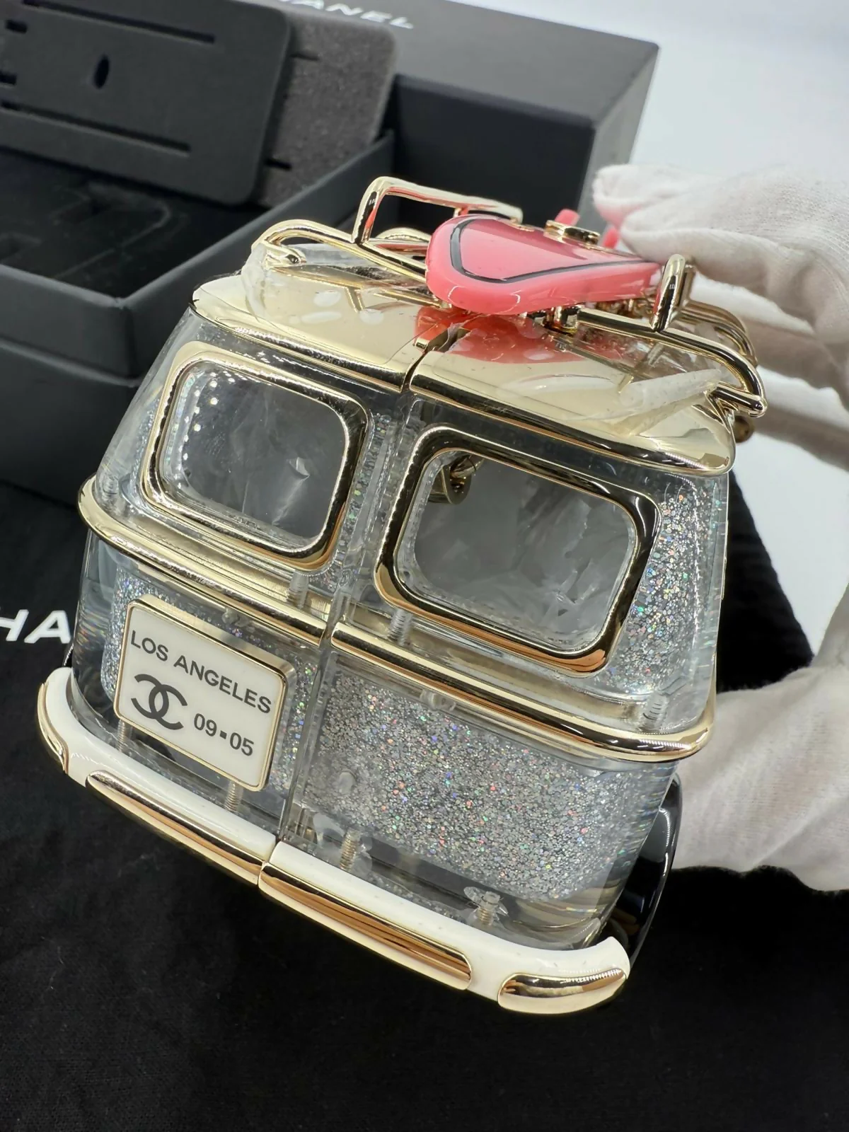 Chanel Cruise 24C Silver Glitter Lucite, Multicolor Rhinestone & Enamel Hollywood Mini Van Minaudière with Light Gold Hardware