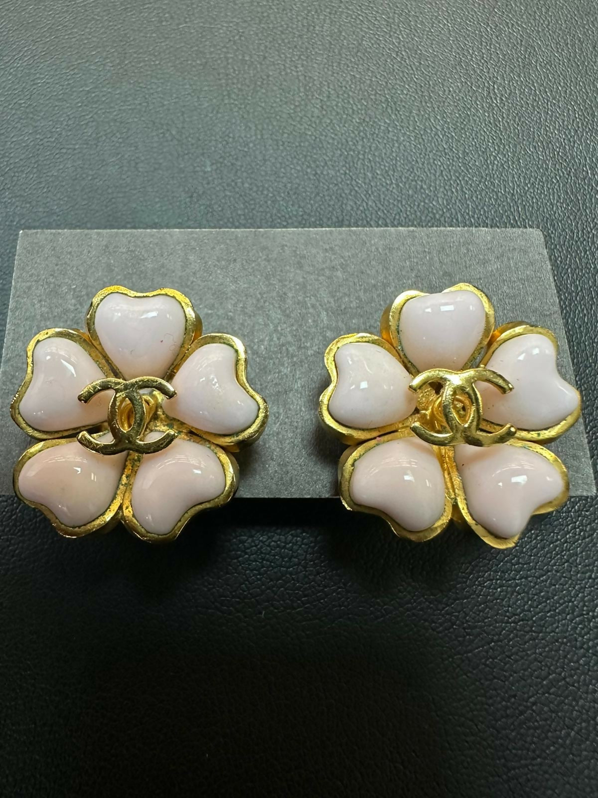 Chanel Vintage 97P Gripoix  Gold Plated Light Pink Camellia Clip-on Earrings