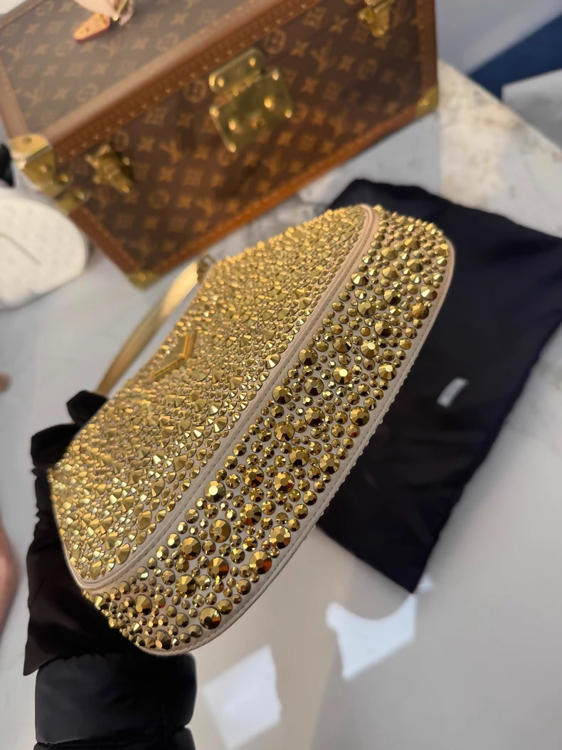 Prada yellow rhinestone satin shoulder bag, covered in super sparkly rhinestones