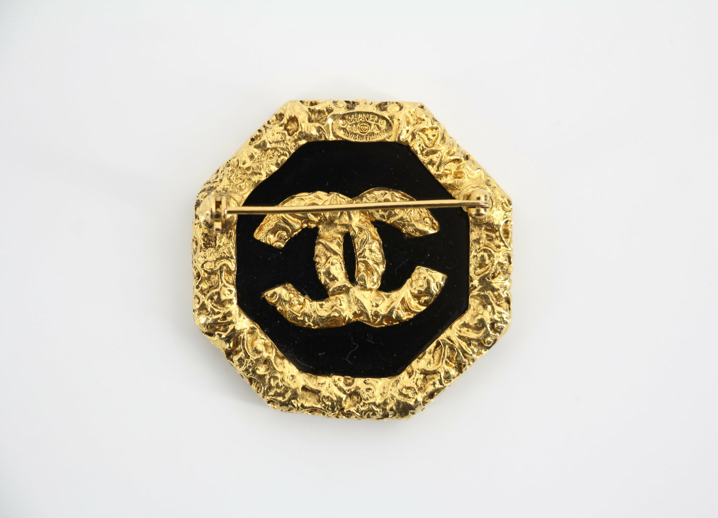 Chanel Vintage 93A Lava Octagonal CC Logo Black and Gold Tone Brooch