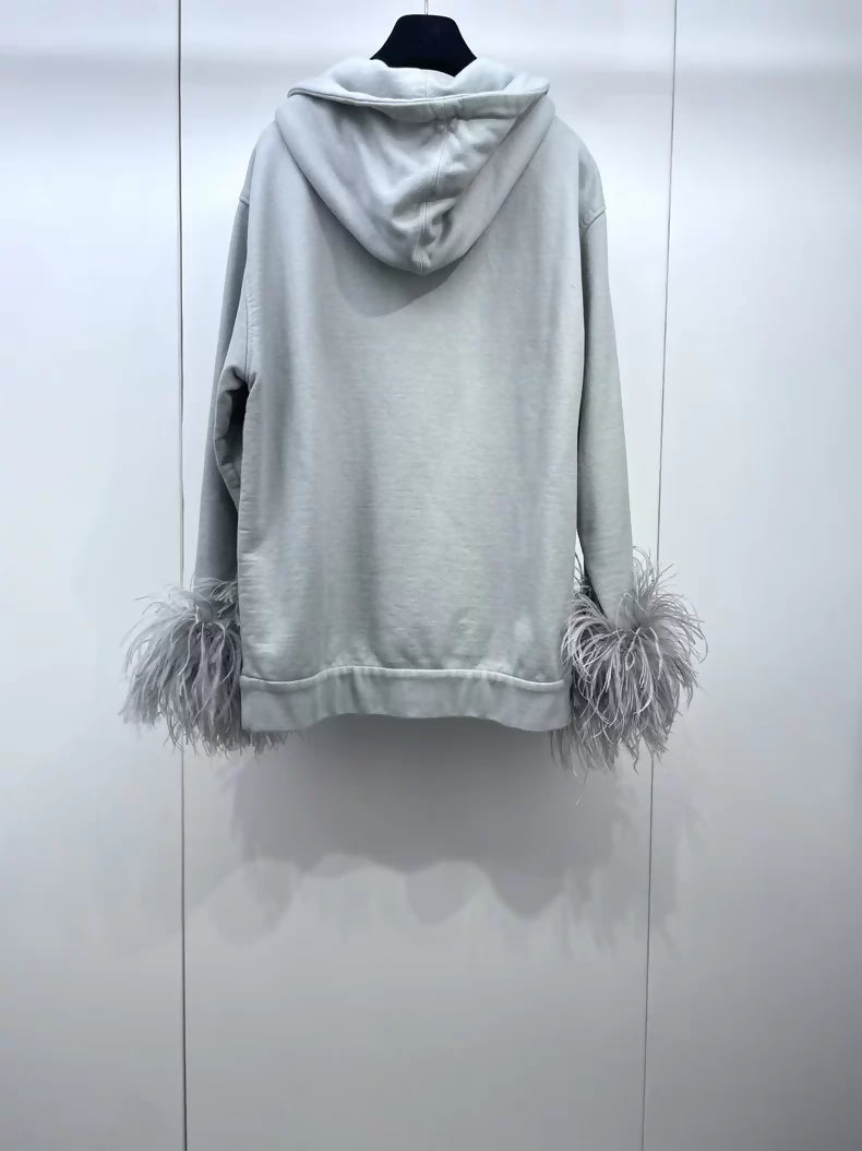 Prada 2024 Grey Feather-Decorated Hooded jacket